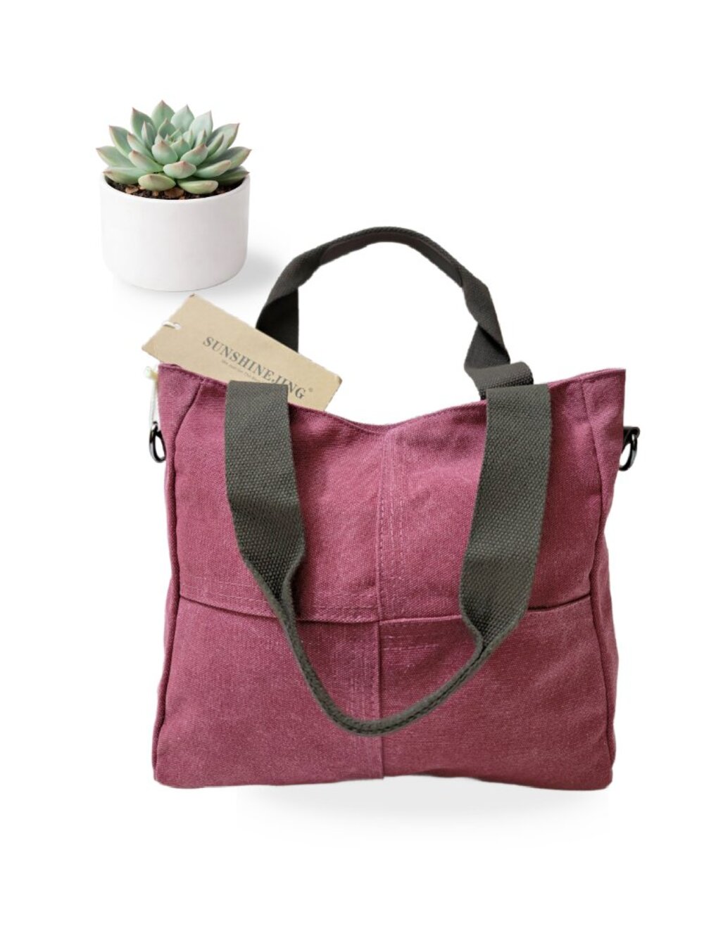 NWT Sunshinejing Canvas Tote Bag Burgundy Wine Washed Shoulder Bag Zip Top Purse